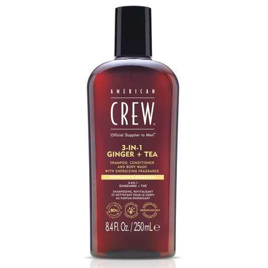 American Crew 3 en 1 Ginger + Tea, Champú Acondicionador y Gel de Ducha, Limpia e Hidrata el Cabello y el Cuerpo, Mantiene y Repone la Barrera de Hidratación, Aroma Revitalizante y Energizante