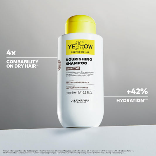 Alfaparf Milano Yellow Champú nutritivo nutritivo profesional para cabello seco, alimentado por aceites de argán y coco, diseñado para una limpieza suave (500 ml)