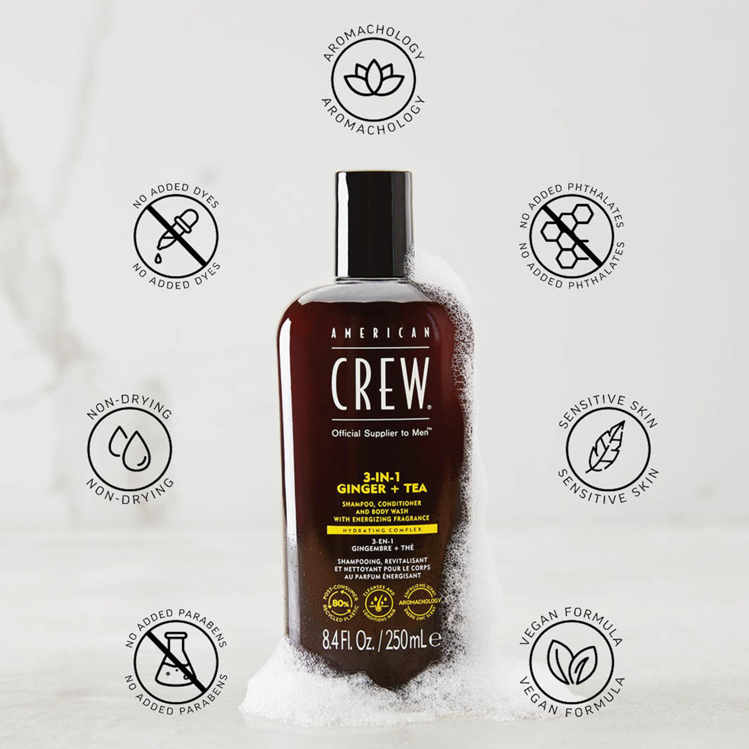 American Crew 3-en-1 Ginger + Tea — Champú, acondicionador y gel