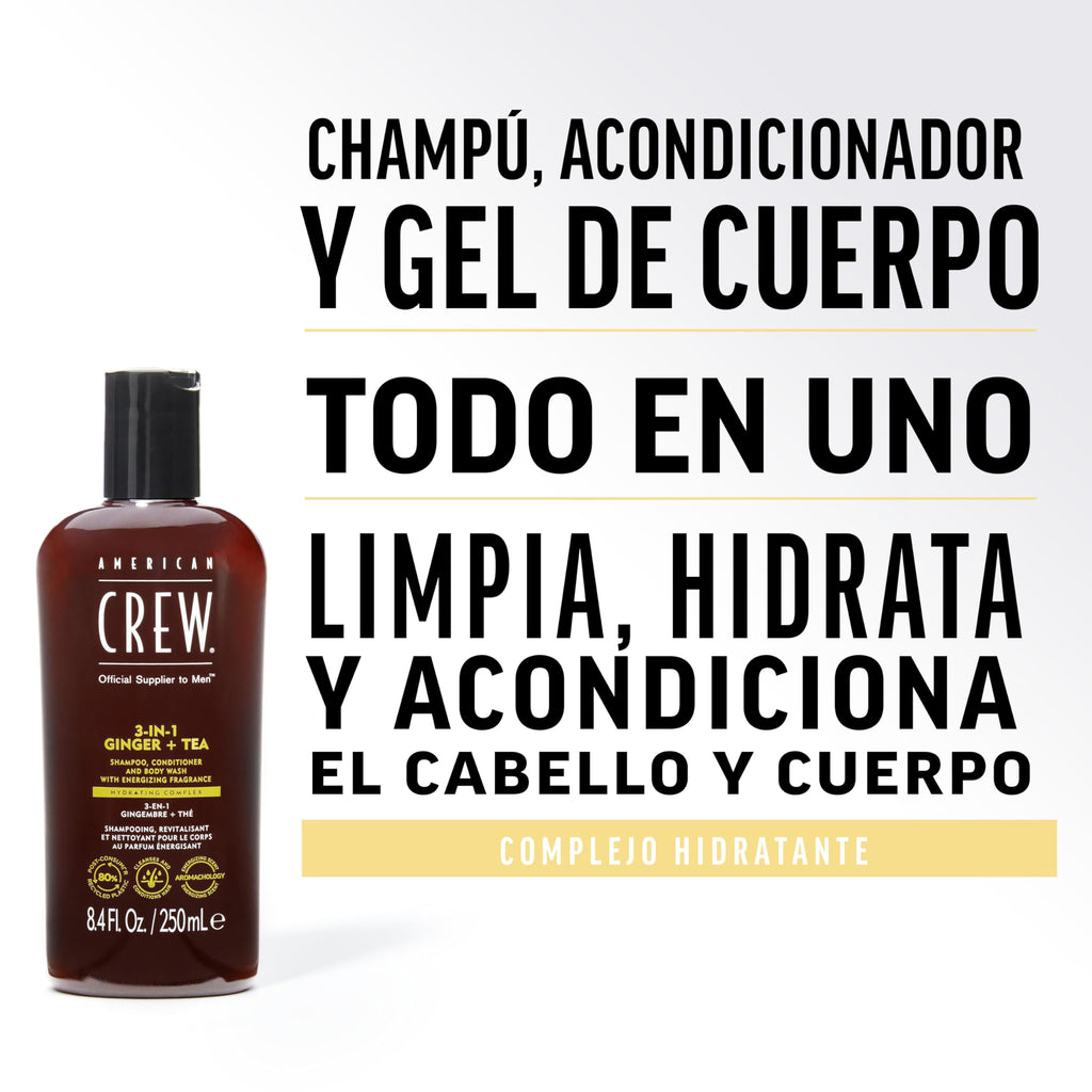 American Crew 3-en-1 Ginger + Tea — Champú, acondicionador y gel