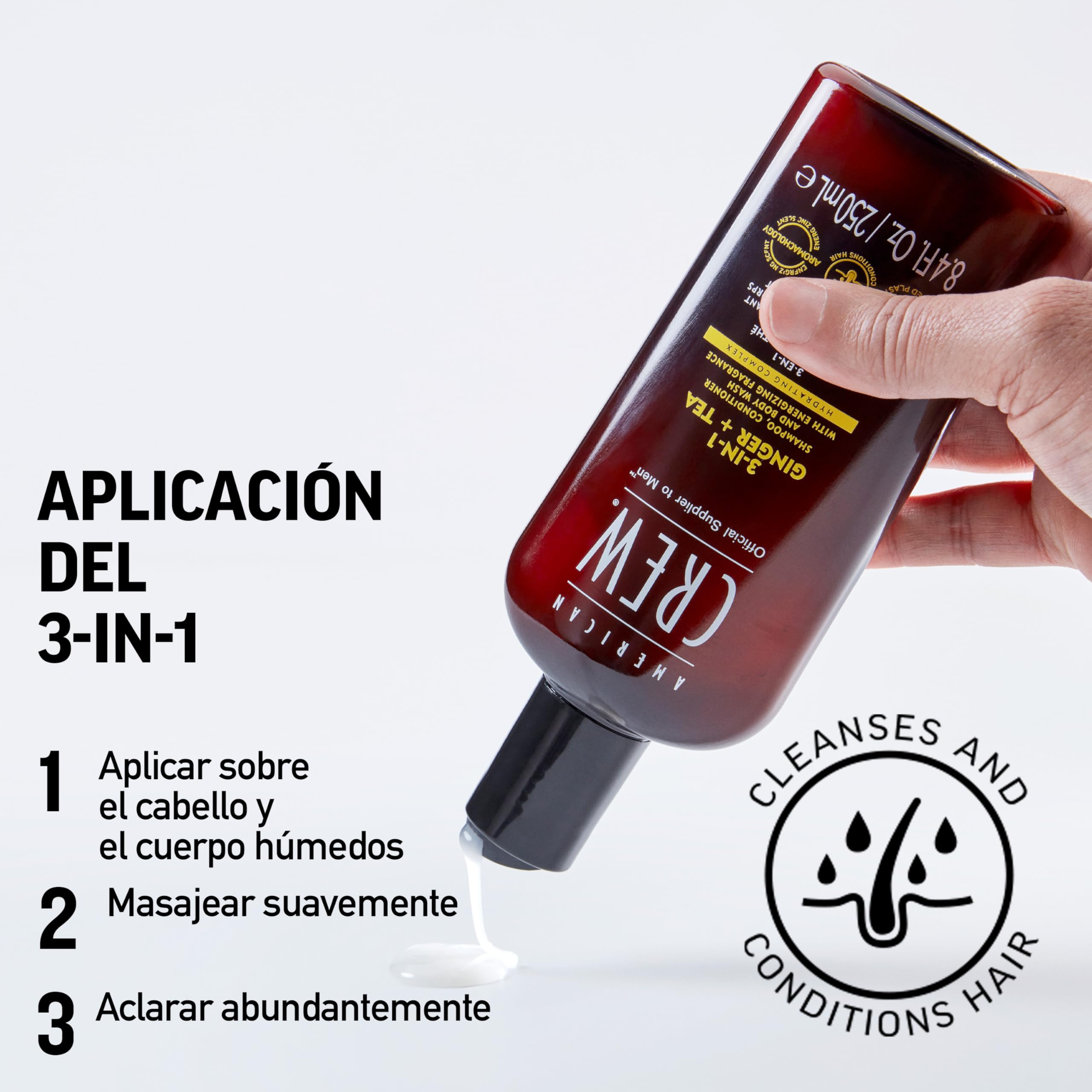 American Crew 3-en-1 Ginger + Tea — Champú, acondicionador y gel