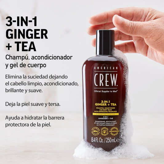 American Crew 3 en 1 Ginger + Tea, Champú Acondicionador y Gel de Ducha, Limpia e Hidrata el Cabello y el Cuerpo, Mantiene y Repone la Barrera de Hidratación, Aroma Revitalizante y Energizante