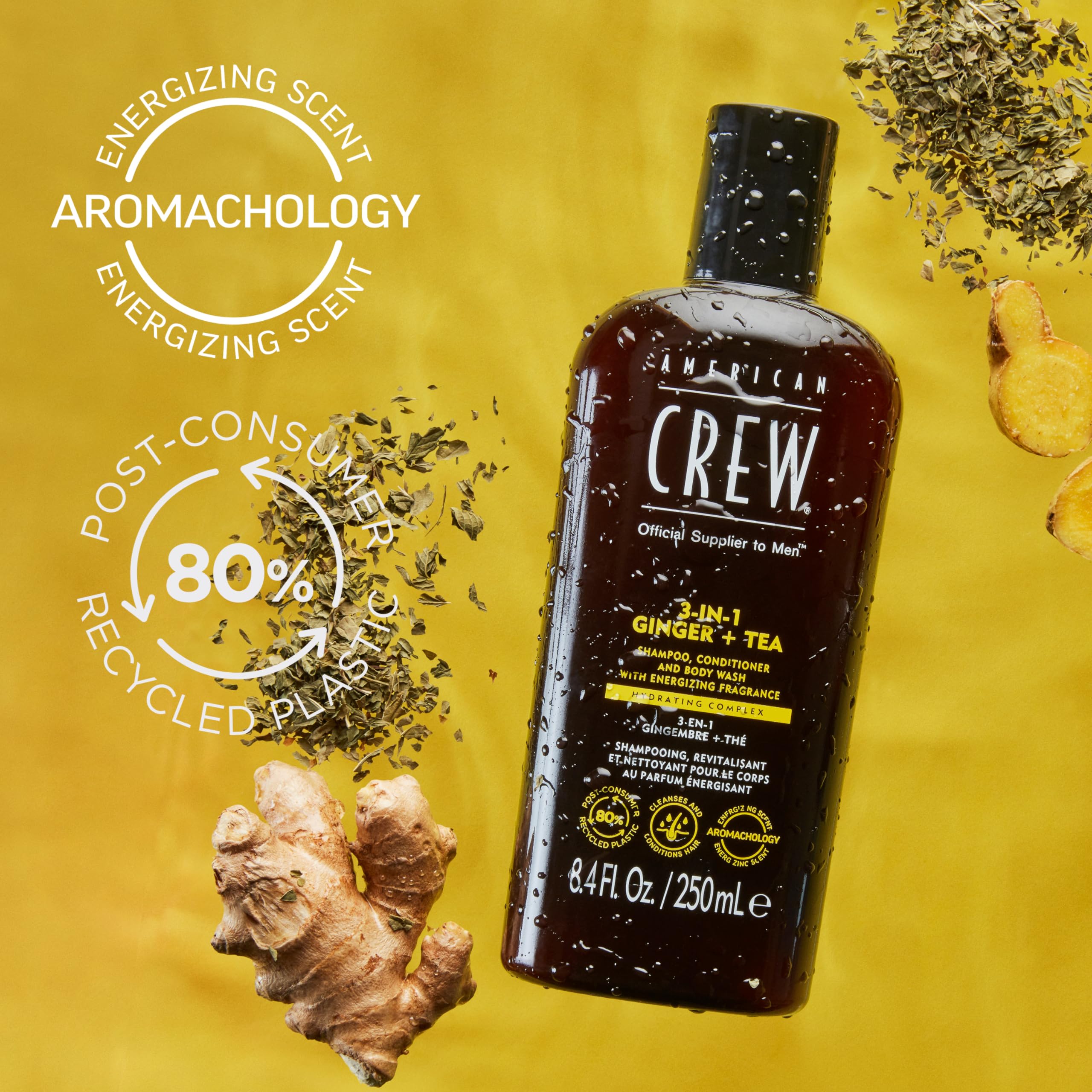 American Crew 3-en-1 Ginger + Tea — Champú, acondicionador y gel